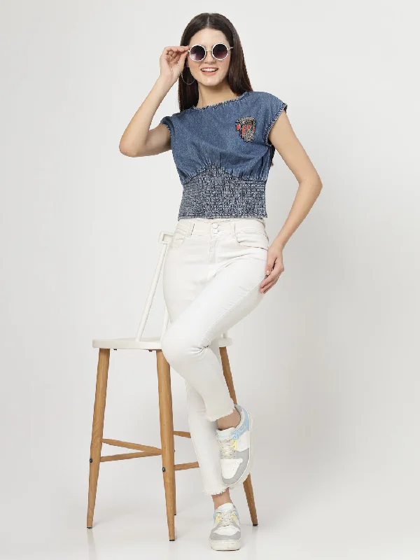 Denim Blue Cotton Blend Crop Top With Smoking