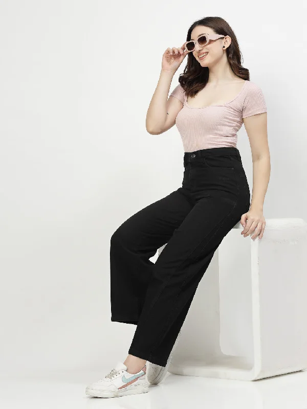 Wide Leg Black Cotton Denim Jeans For Women