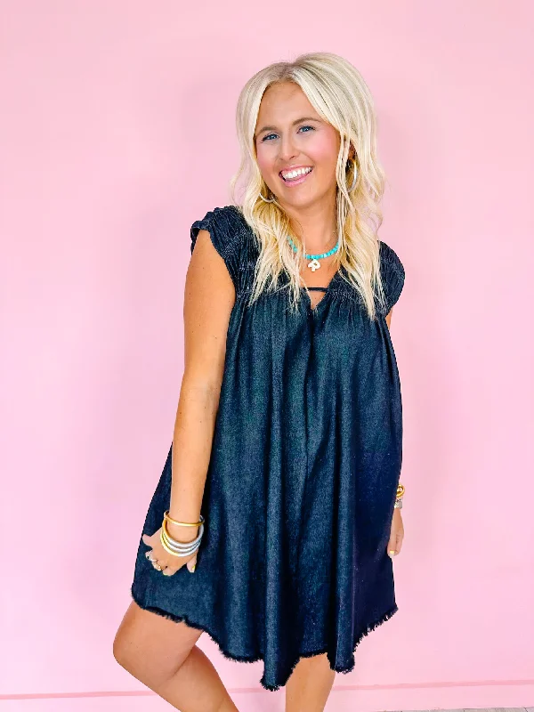 DYING FOR DENIM SMOCKED V NECK DRESS - BLACK DENIM