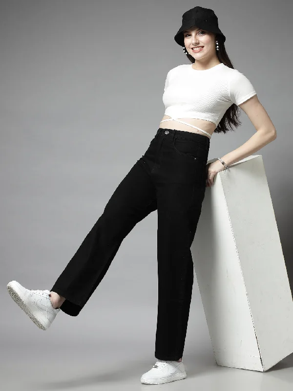 Wide Leg Black Cotton Denim Jeans For Women