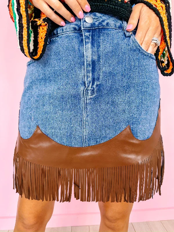 RODEO GIRL LEATHER FRINGE DENIM SKIRT