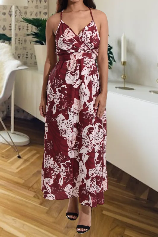 Ladies Maroon Floral Tie Back Maxi Dress