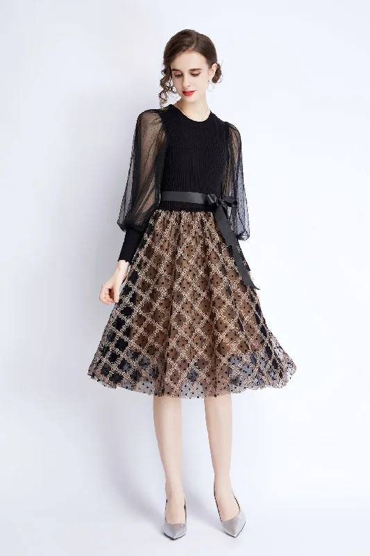 Black & Apricot Cocktail & Party A-line Crewneck Bracelet Knee Lace Dress