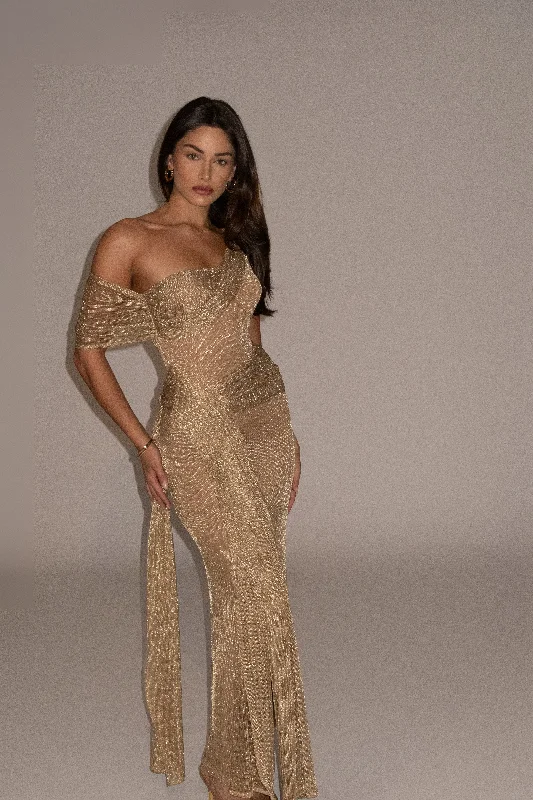 Gold Draped Metallic Maxi Dress