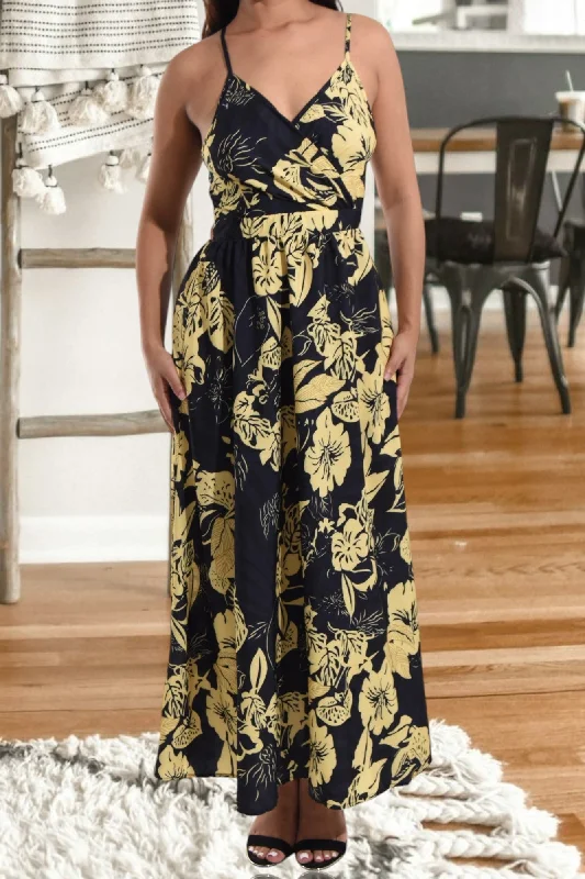 Ladies Mustard Floral Tie Back Maxi Dress