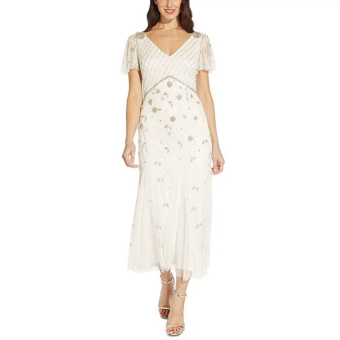 Adrianna Papell Women's Beaded Flutter Sleeve Dress White Size 8