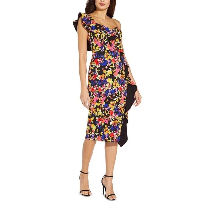 Aidan By Aidan Mattox Women's Floral Print Ruffled One Shoulder Dress Black Size 10