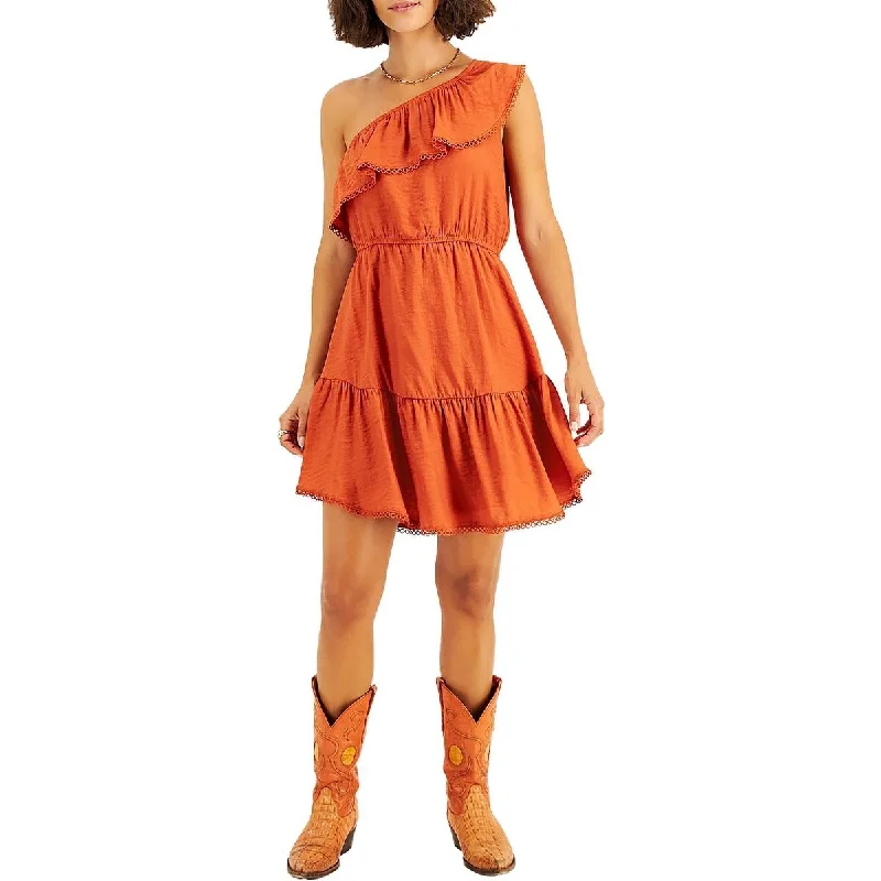 Bar III Women's One Shoulder Ruffled Hem Dress Orange Size Small