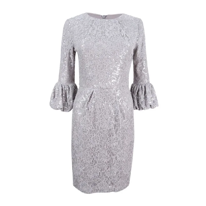 Betsy & Adam Women's Sequined Lace Bell-Sleeve Dress (4, Grey)