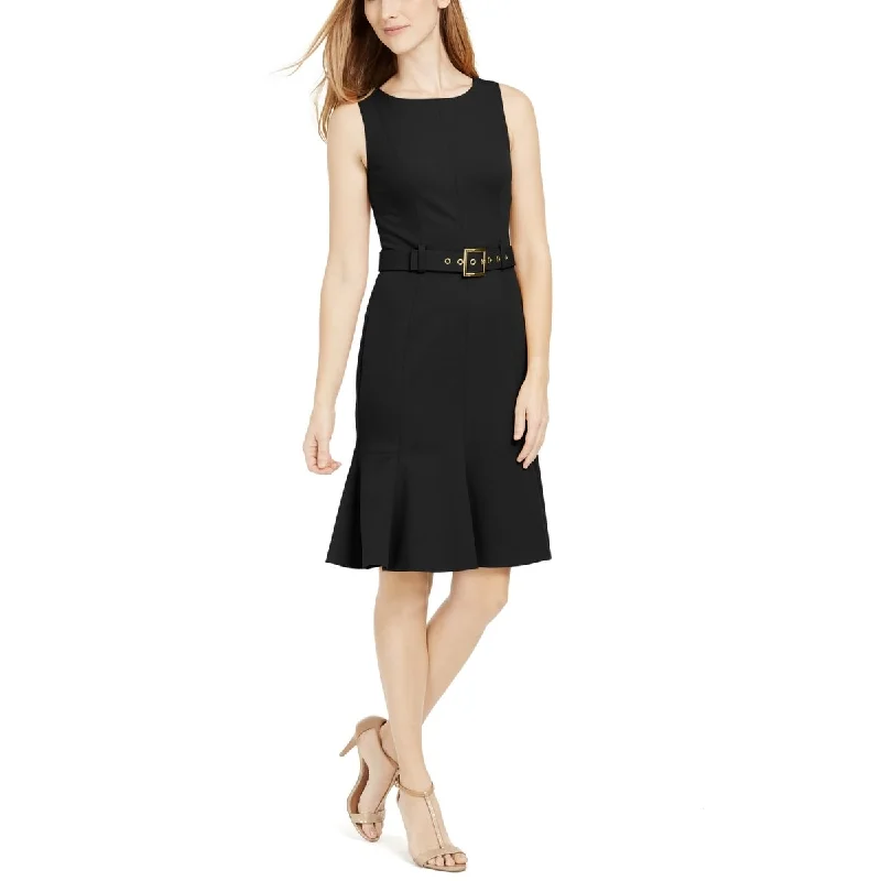 Calvin Klein Women's Belted Ruffle Hem Sheath Dress Black Size 6