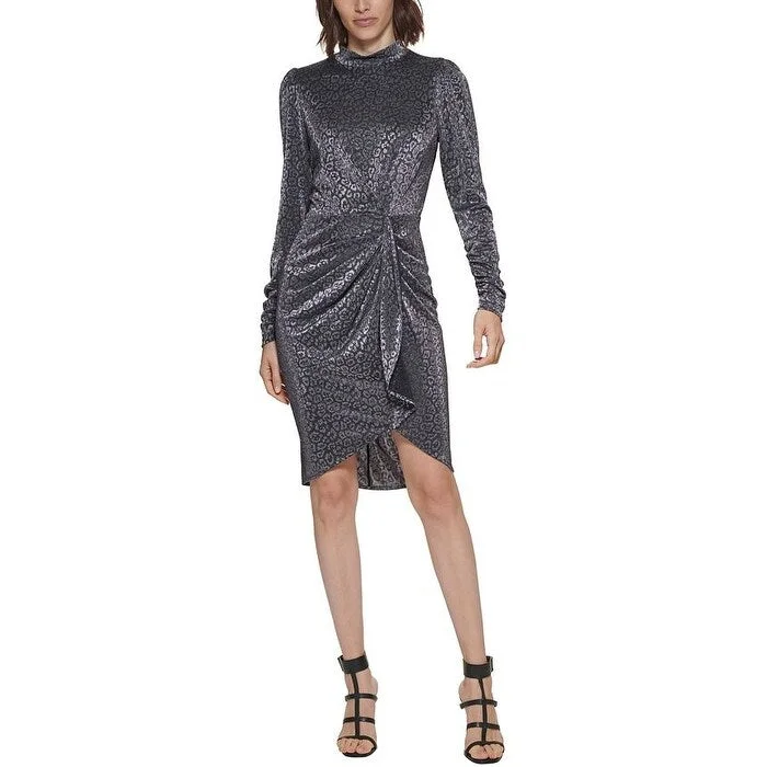 Calvin Klein Women's Metallic Animal Print Ruched Dress Gray Size 8