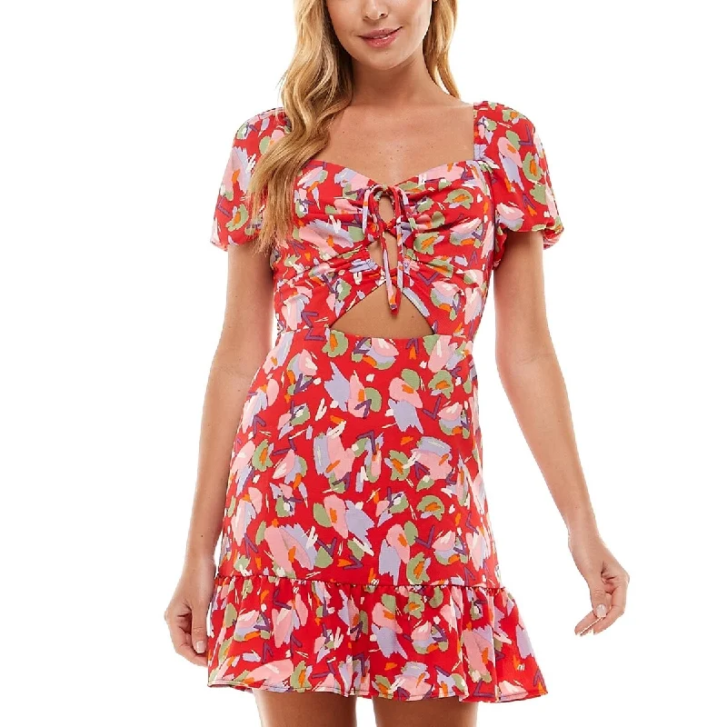 City Studios Junior's Printed Keyhole Front Ruffled Dress Red Size Medium