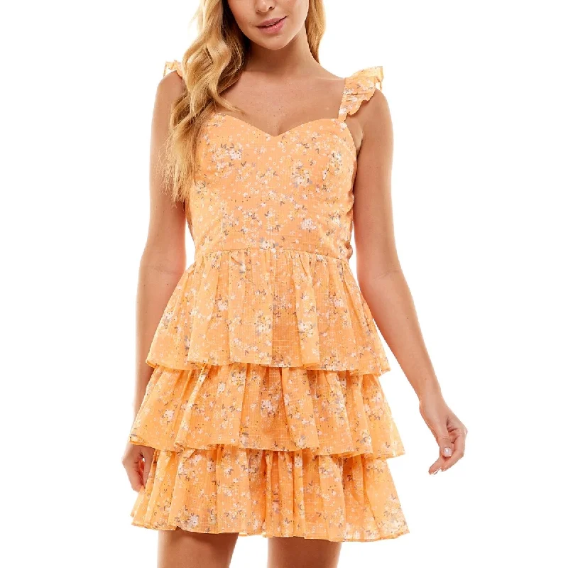 City Studios Junior's Tiered Ruffle Strap Dress Orange Size Large