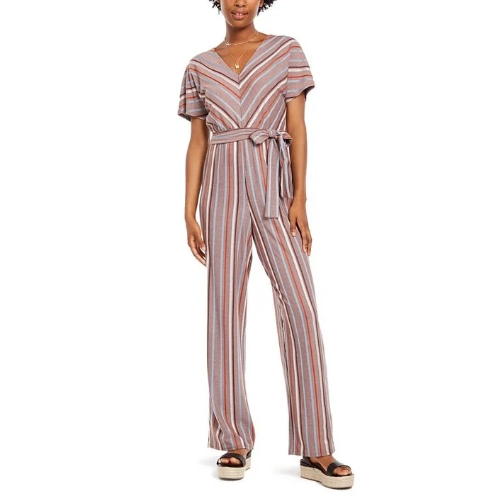 Crystal Doll Junior's Multi Stripe Kimono Sleeve Jumpsuit Brown Size Large