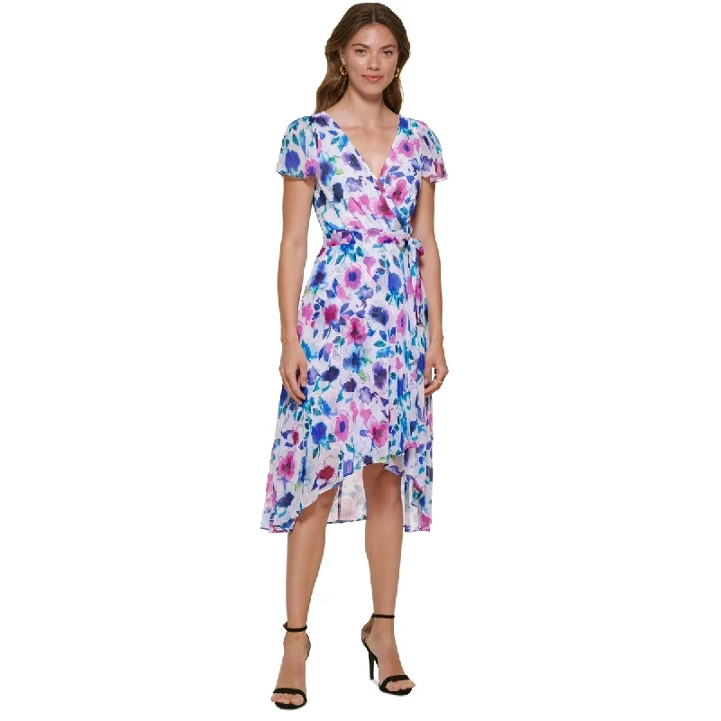 DKNY Women's Floral Print Faux Wrap Dress Blue Size 6