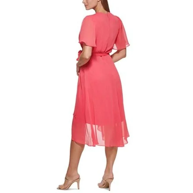 Dkny Women's Flutter Sleeve Faux Wrap Dress Pink Size 2