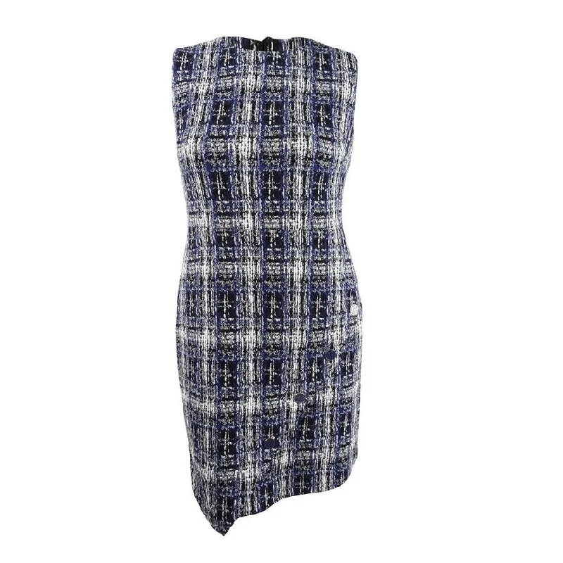 DKNY Women's Tweed Logo Button Sheath Dress (14, Blueberry Multi)