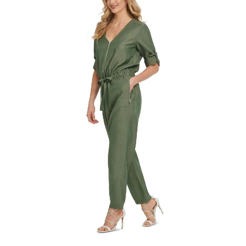 DKNY Women's V Neck Adjustable Sleeves Jumpsuit Green Size 2