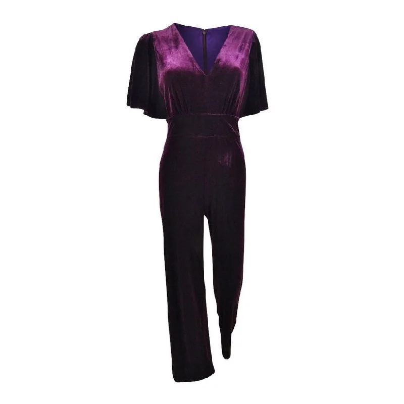 DKNY Women's Velvet Flutter Sleeve Jumpsuit (2, Aubergine)