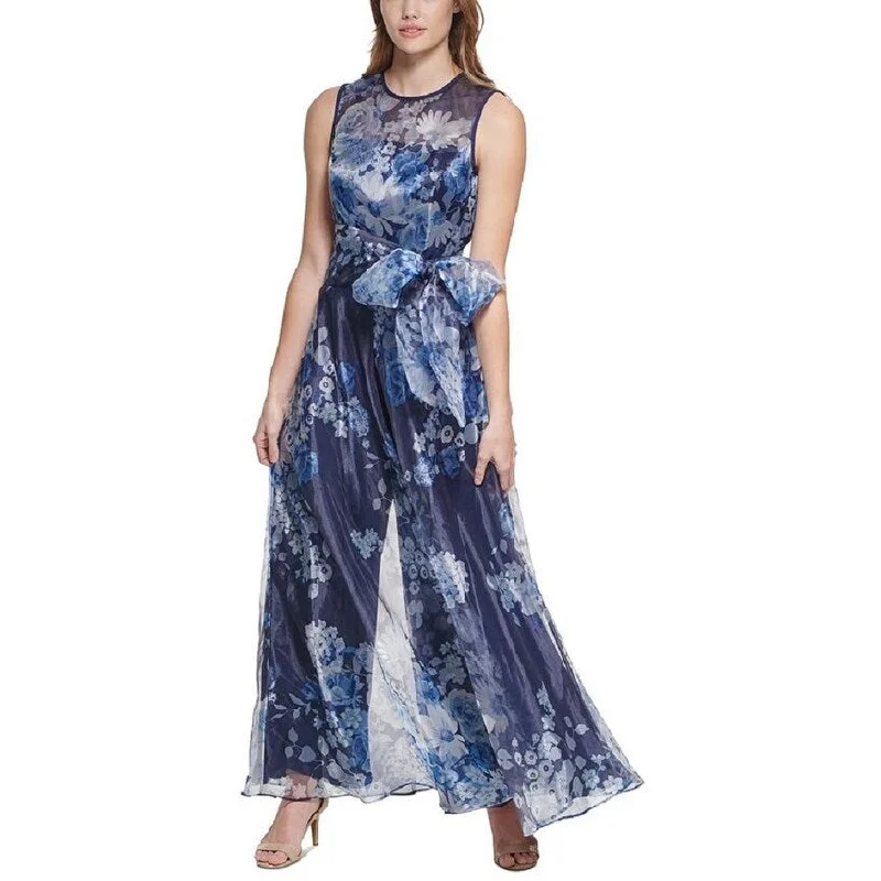 Eliza J Women's Floral Print Organza Wide Leg Jumpsuit Blue Size 8