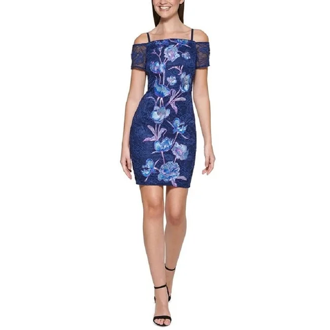 Guess Women's Embroidered Floral Bodycon Dress Blue Size 14