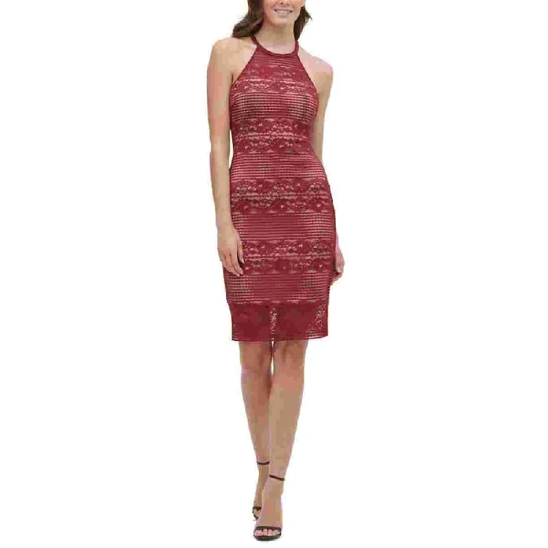 GUESS Women's Lace Illusion Halter Dress Dark Red Size 0