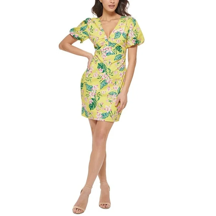 GUESS Women's Printed Puff Sleeve Bodycon Dress Yellow Size 6