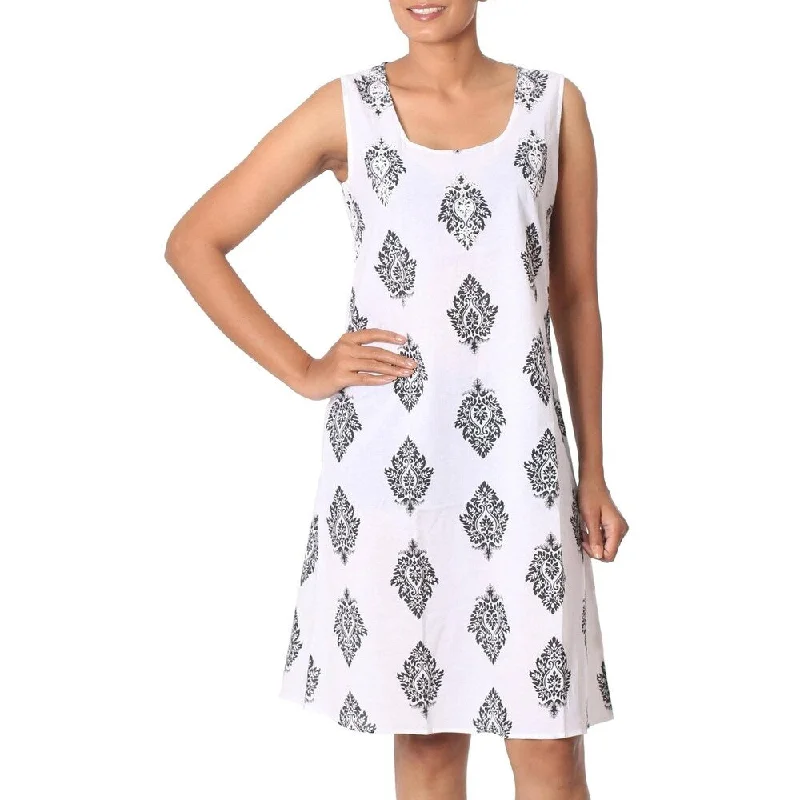 Handmade Cotton Black Leaves Shift Dress (India)