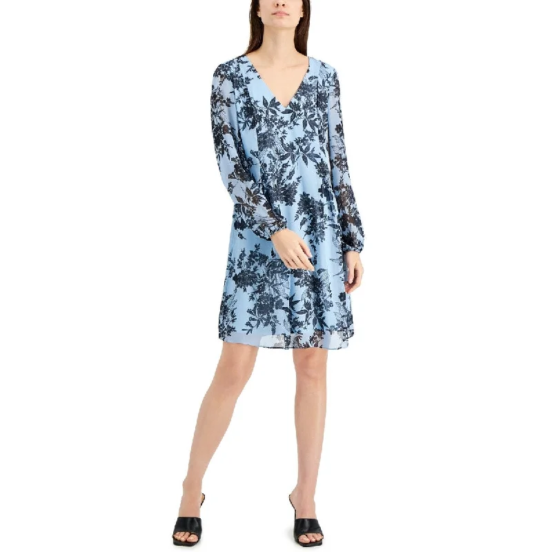 INC International Concepts Women's Floral Chiffon V Neck Shift Dress Blue Size Small