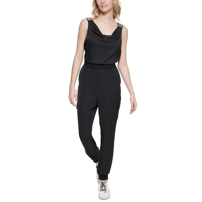 Karl Lagerfeld Paris Women's Logo Strap Cowlneck Sleeveless Jumpsuit Black Size 6