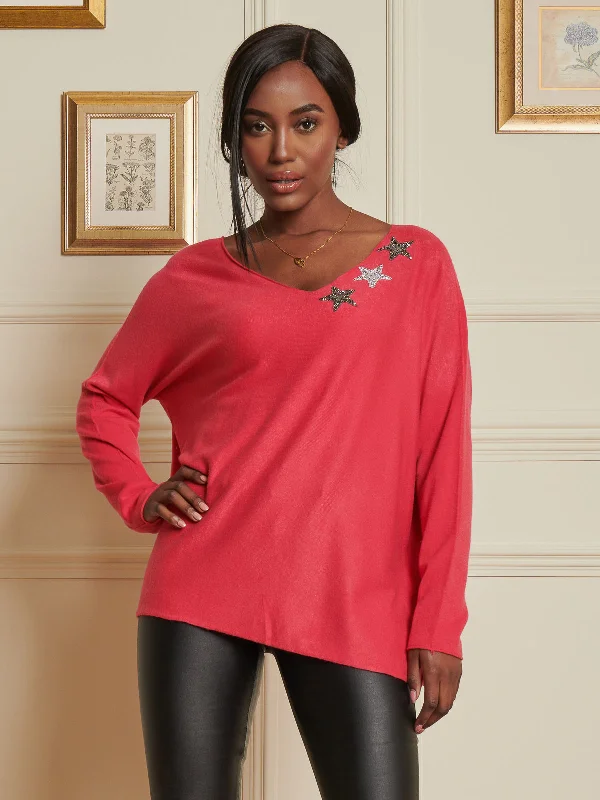 Knitted Rhinestone Star Neck Jumper, Punch Pink