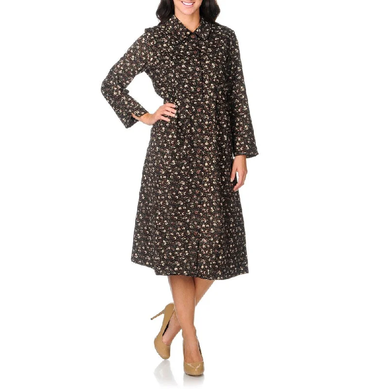 La Cera Women's Brown Floral Print Corduroy Dress