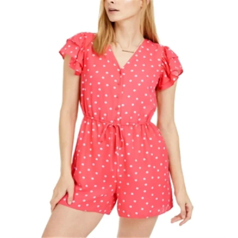 Maison Jules Women's Dot Print Drawstring-Waist Romper Coral Size XL