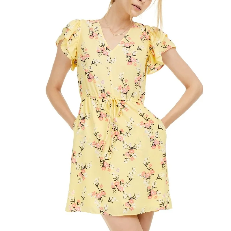 Maison Jules Women's Floral-Print Flutter-Sleeve Dress Yellow Size Medium