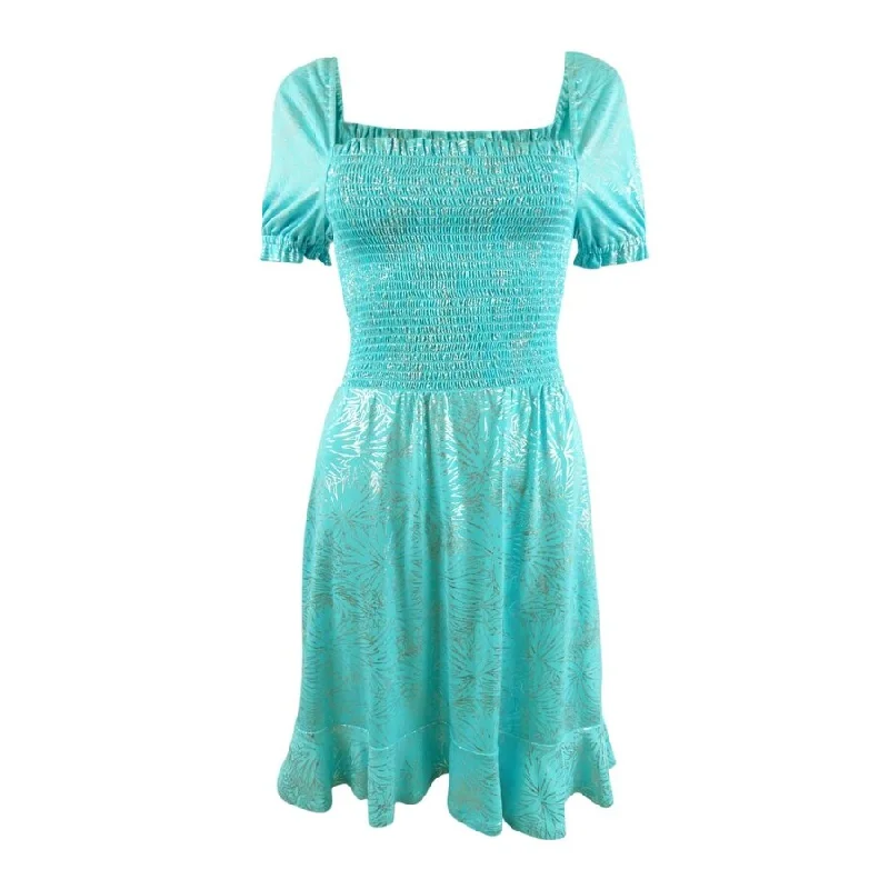 MICHAEL Michael Kors Women's Foil-Print Smocked Peasant Dress (XS, Turquoise)