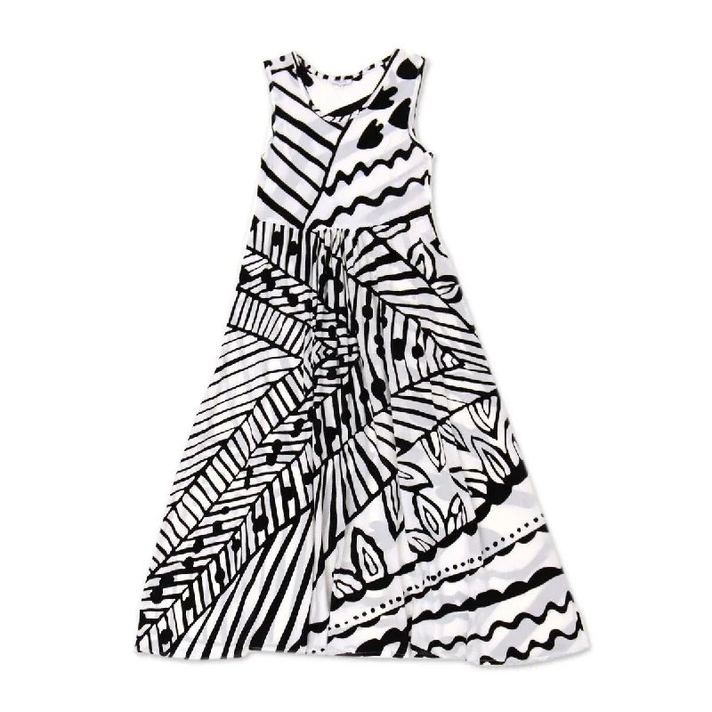 NOVICA Black and White Jungle Rayon A-line dress