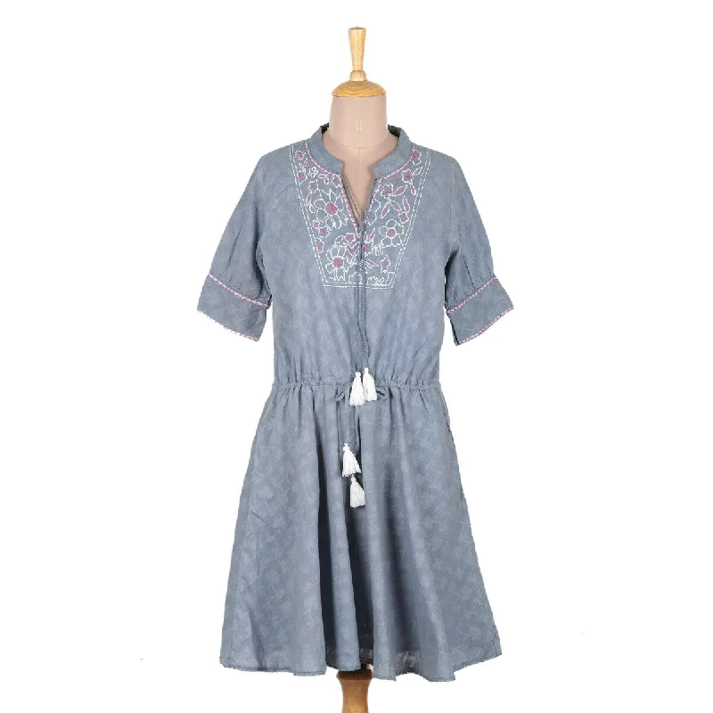 NOVICA Cotton A-line dress Delhi Spring in Wedgwood