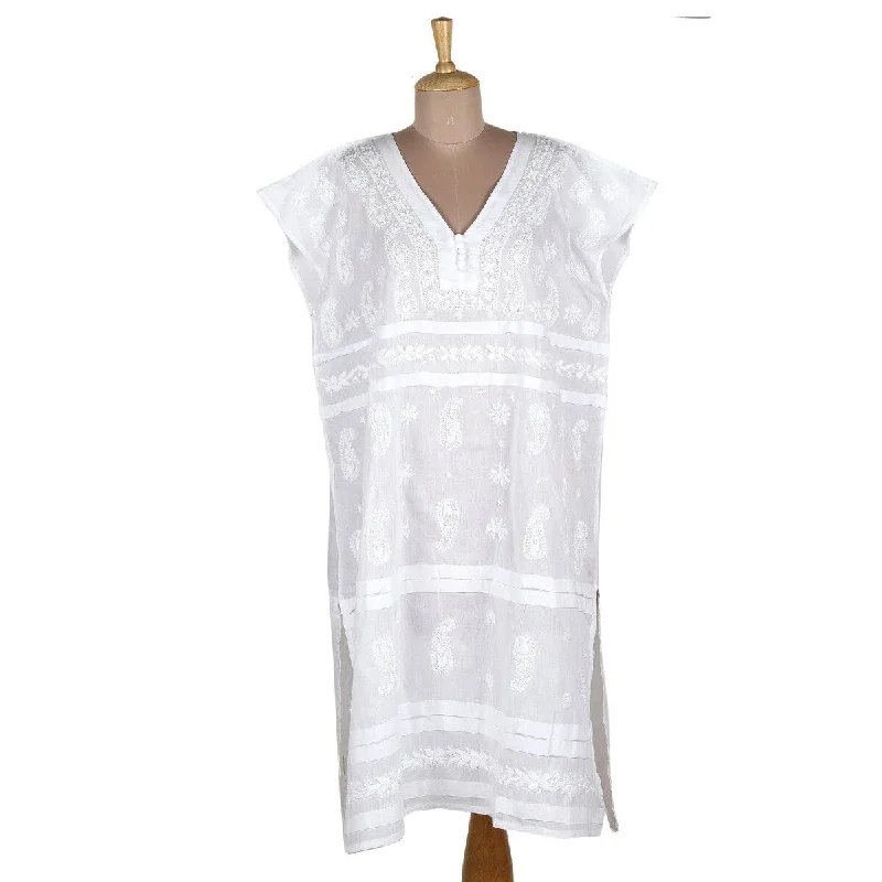 NOVICA Embroidered cotton shift dress Paisley Garden in White