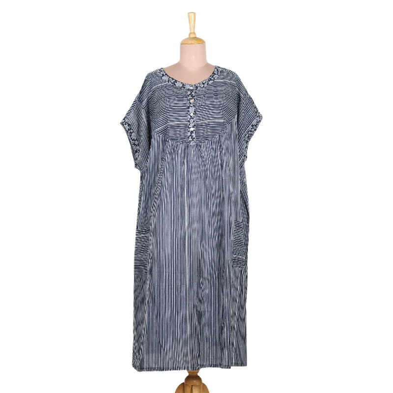 Novica Handmade Stripes And Flowers Cotton Caftan Dress