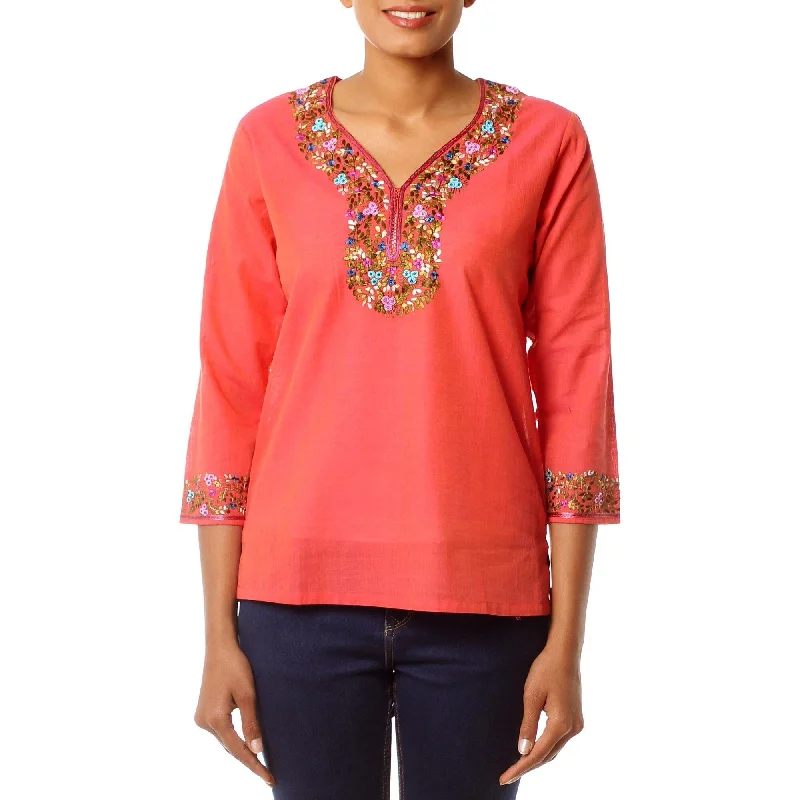 Novica Handmade Tangerine Floral Cotton Blouse