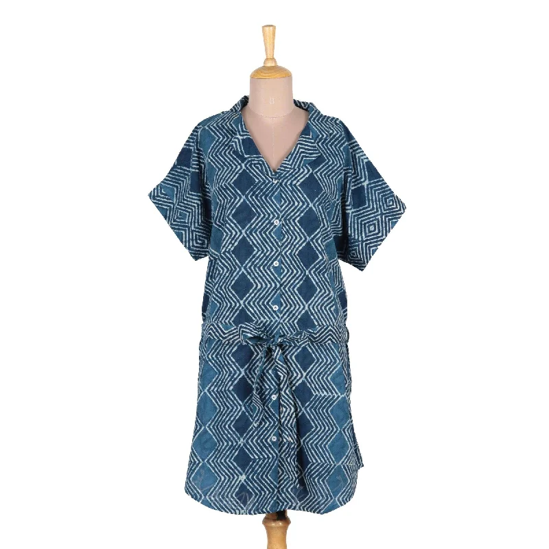 NOVICA Indigo Zigzags Block-printed cotton shirtdress