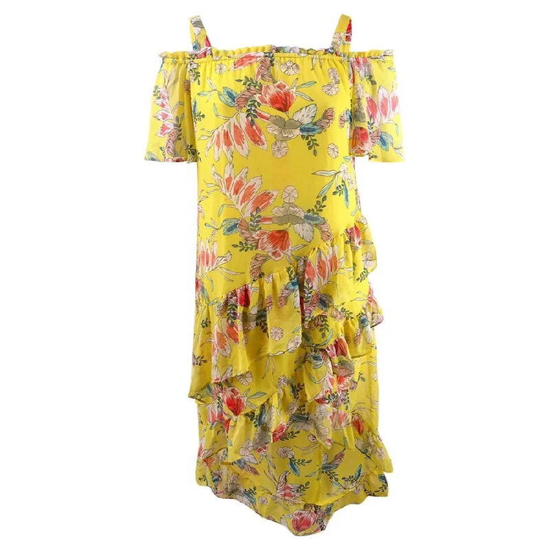 NY Collection Women's Off-The-Shoulder Tulip-Hem Dress (L, Lemon Dovegarden)