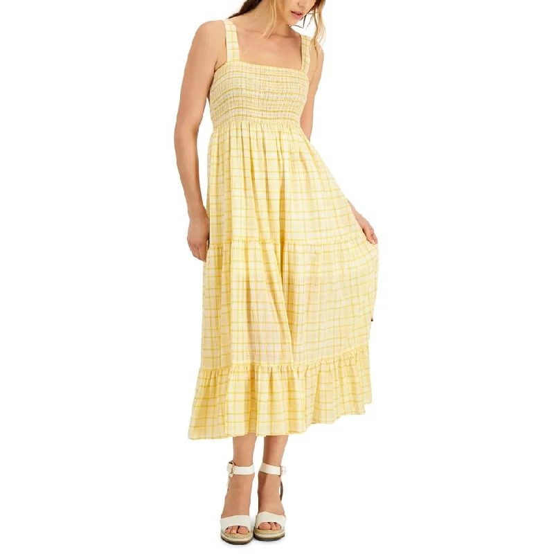 Tommy Hilfiger Women's Plaid Tiered Sleeveless Dress Yellow Size Medium