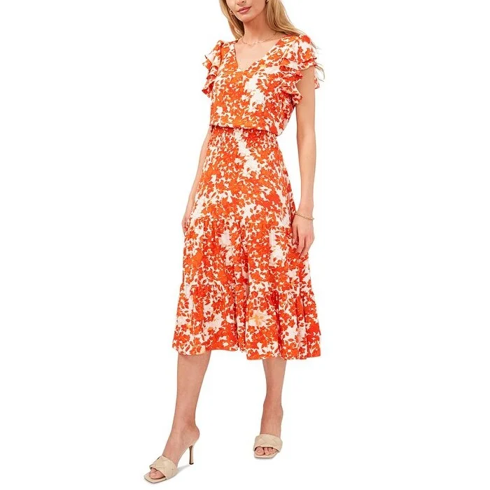 Vince Camuto Women's Leaf Print Flutter Sleeve Dress Orange Size X-Large