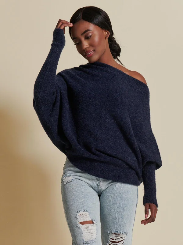 Made in Italy Wool Blend Asymmetric Knit Jumper, Navy