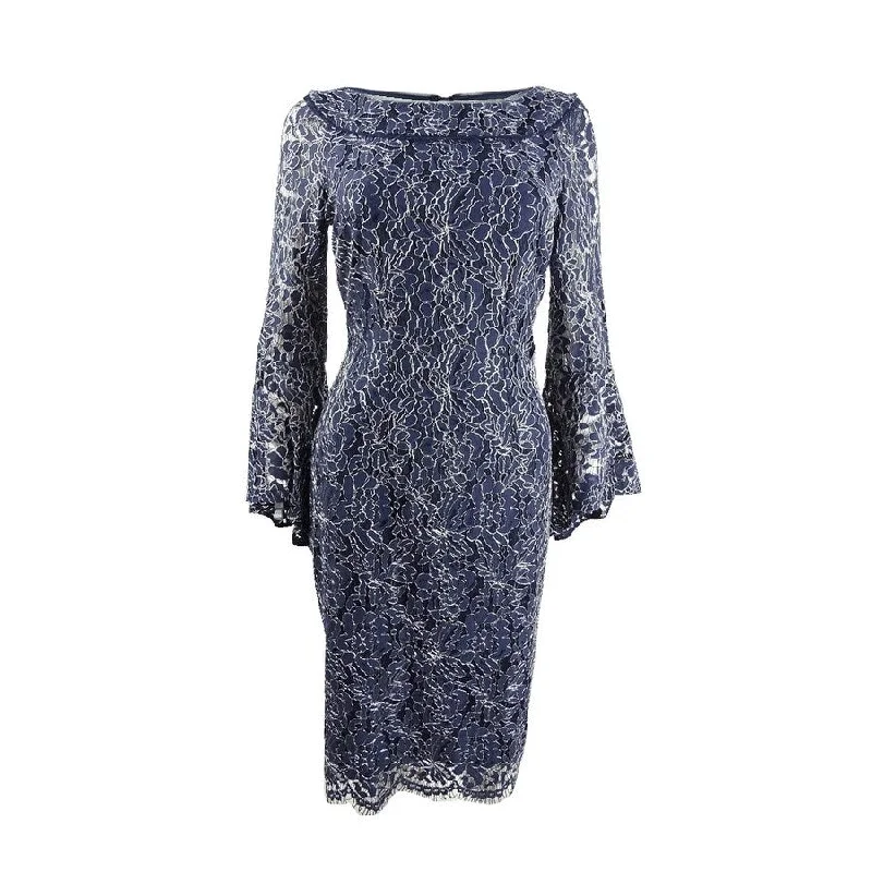 Xscape Women's Lace Belle-Sleeve Dress (4, Navy/SIlver)