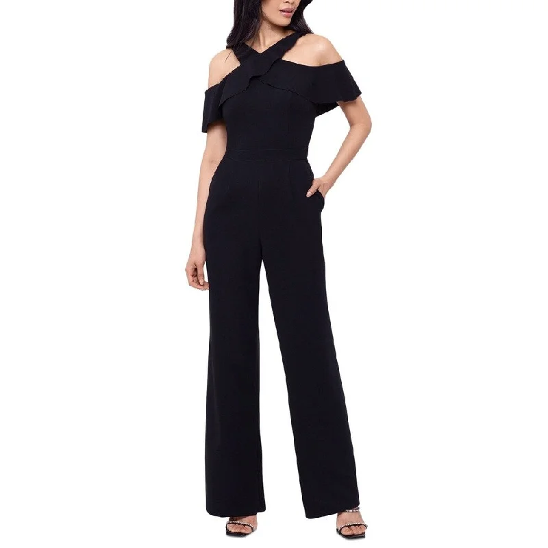 XSCAPE Women's Ruffled Neck Cold Shoulder Jumpsuit Black Size 14