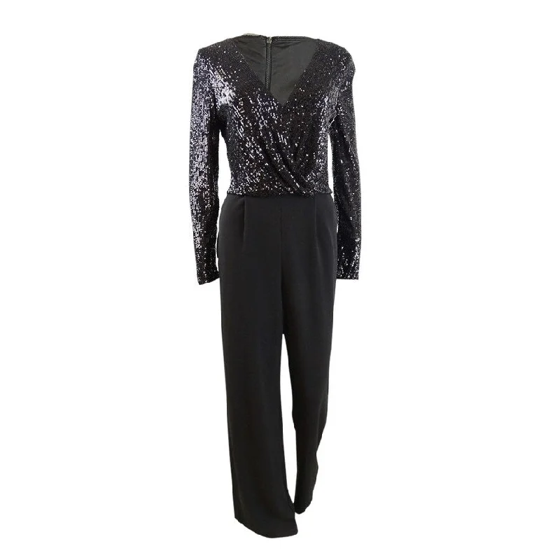 Xscape Women's Sequined & Crepe Jumpsuit (8, Black)