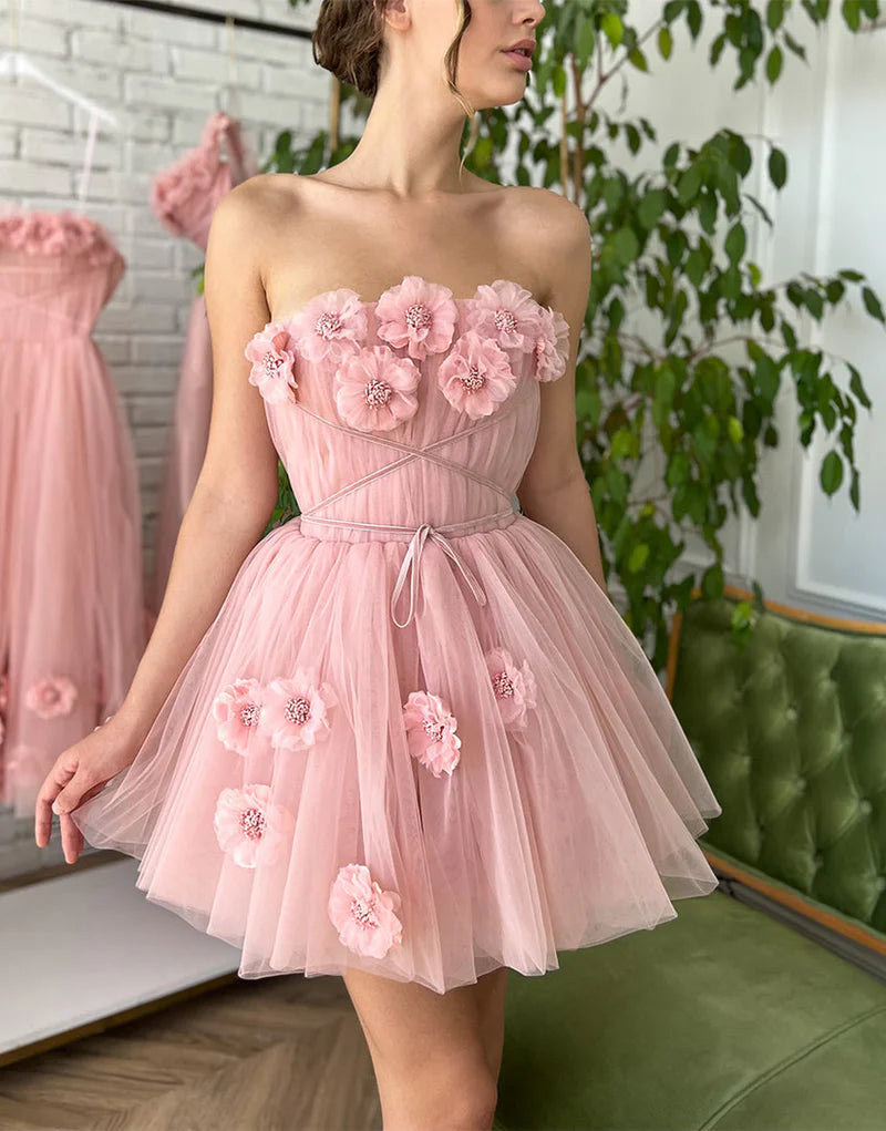 A-line Short Homecoming Dress with Handmade Flowers