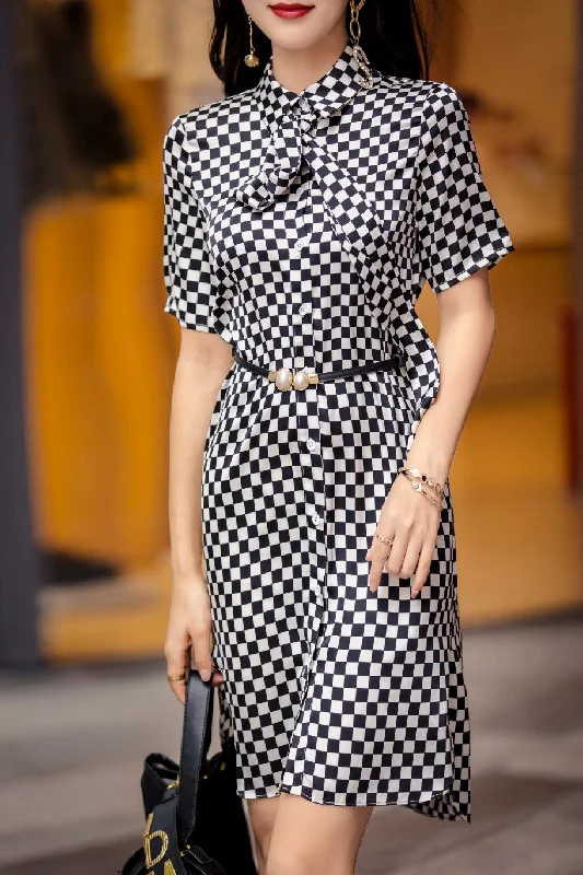 Short Sleeve Elegant Plaid Dress with Belt